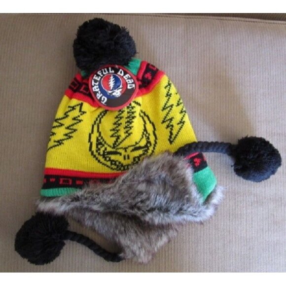 New Warm Rasta Grateful Dead Steal Your Face Knit Adult Laplander Hat Winter NWT - Picture 2 of 2